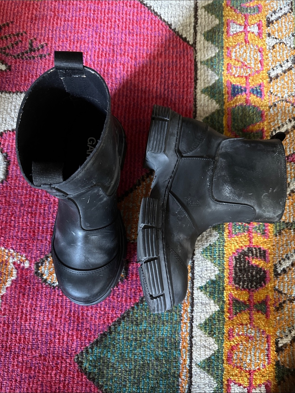 GANNI Rubber Matte Black Women's Chunky Lug Sole Chelsea Boots Waterproof